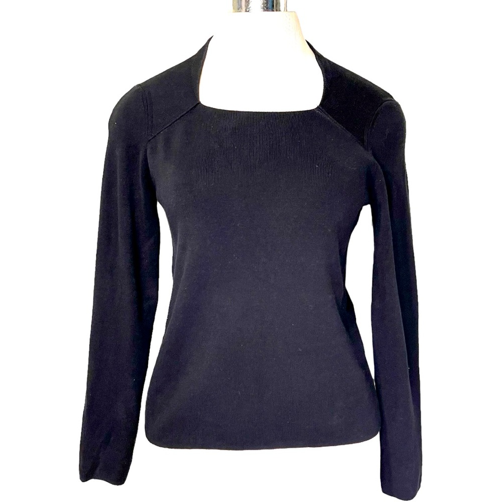 Black Silk Blend Kint Long Sleeve Square Neckline Top